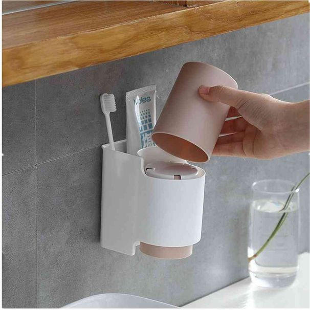 2Pcs Toothbrush Holder Toothpaste Rack Mouthwash Cup Strong Adsorption Hanging Storage Rack With Cup Bathroom Accessory_voghion.com