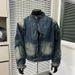Men's Clothing Men's Distressed Denim Jacket Punk Style Short Biker Jacket With Asymmetric Zip & Washed Effect, Oversized Fit For Streetwear_voghion.com