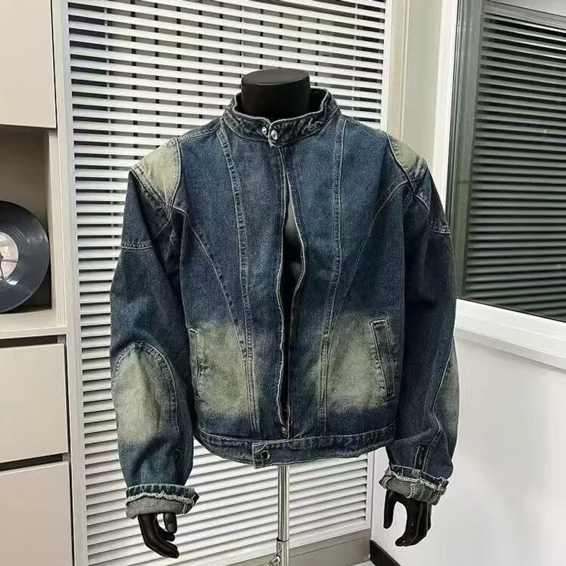 Abbigliamento da uomo Giacca in denim effetto consumato da uomo, stile punk, giacca corta da motociclista con cerniera asimmetrica ed effetto lavato, vestibilità oversize per lo streetwear_voghion.com