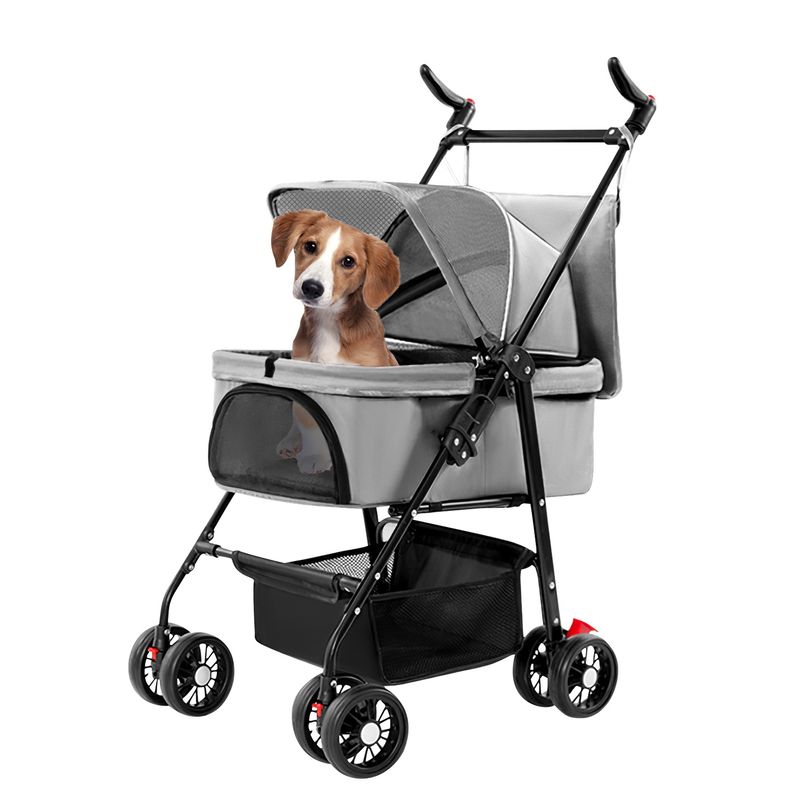 4 Wheels Pet Stroller Foldable Carrier Strolling Cart Travel Jogger Pet Stroller with Removable Liner Storage Basket for Dog Cat_voghion.com