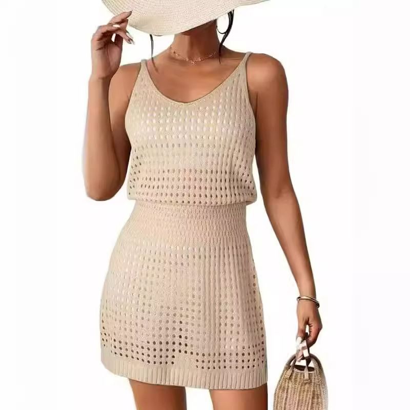 Women's Clothing Sexy Knitted Suspender Dress Waist White Suspender Dress Sexy Hollow Beach Dress_voghion.com