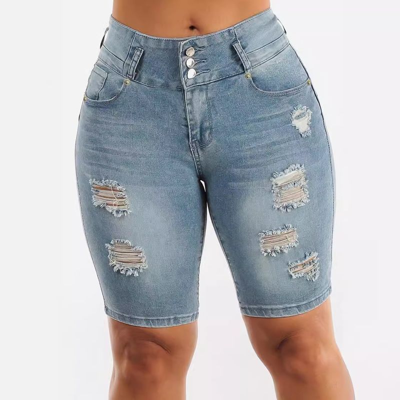 Abbigliamento da donna Pantaloncini in denim strappati a vita alta Pantaloncini elastici aderenti da donna che sollevano i fianchi_voghion.com