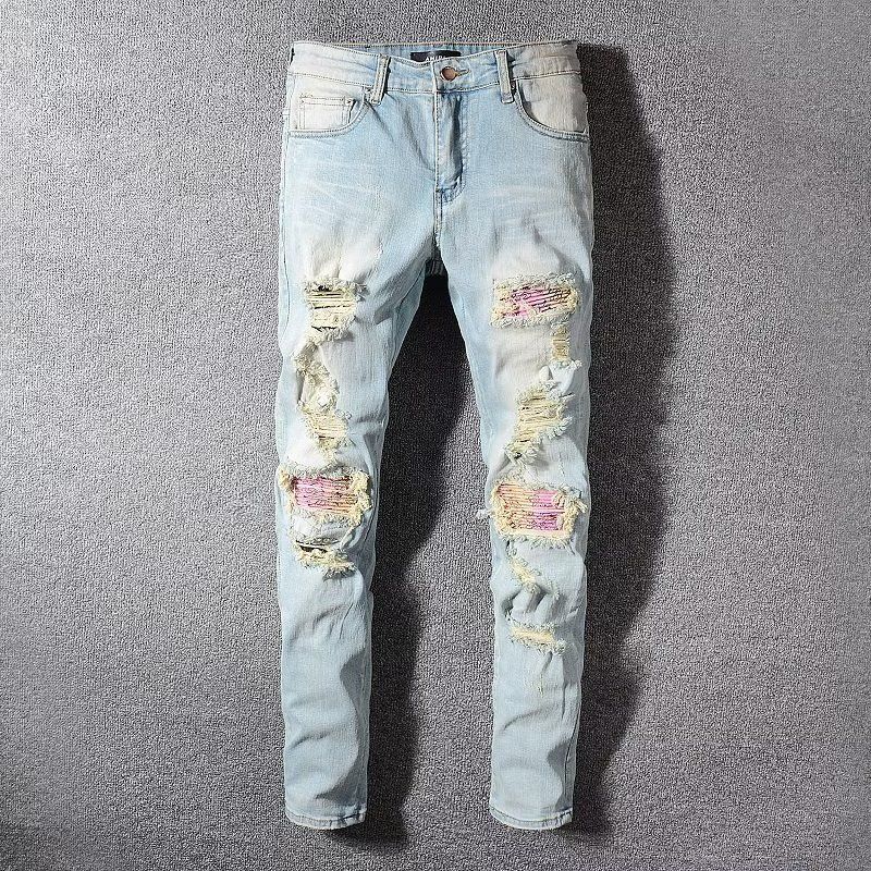 Männerkleeder High Street Moudmark Al Patch Faarf Graffiti Lach Elastesch Schlank Gewaschen Hellfaarweg Jeans_voghion.com