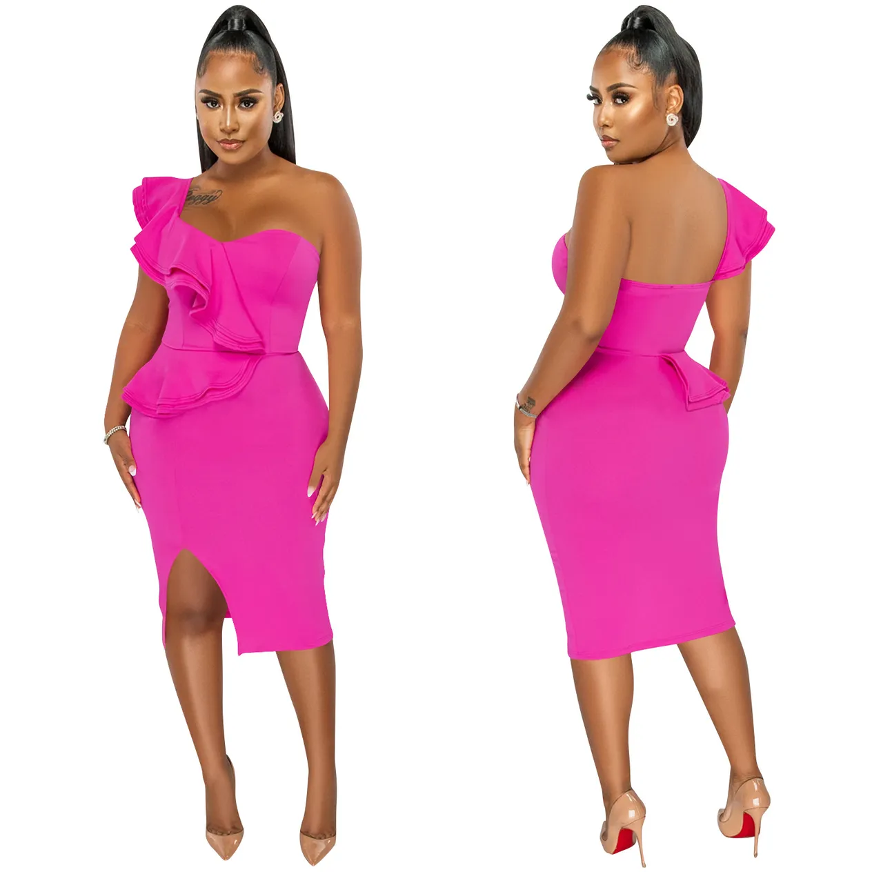 Women's Clothing fashion casual ruffled slit one shoulder sleeve dress women's clothing_voghion.com