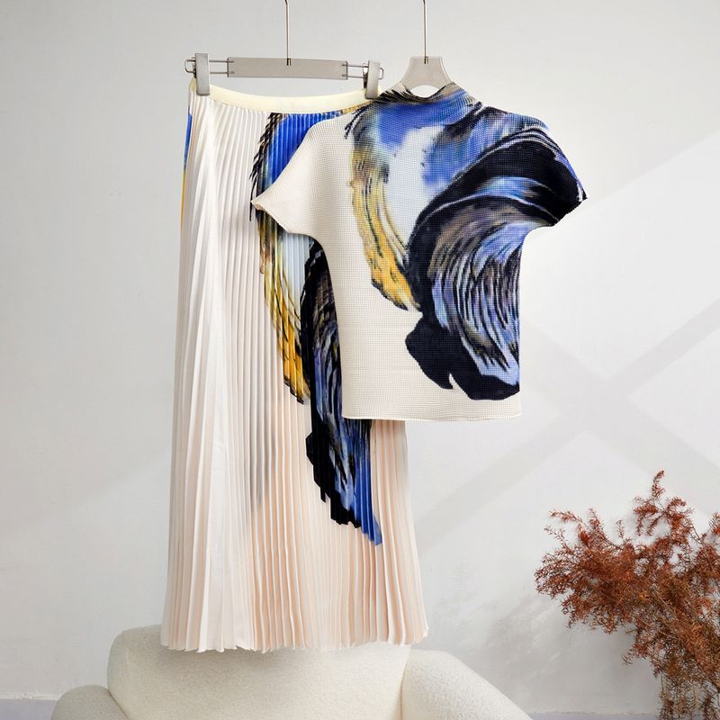 Damenbekleidung Sommer neuer Stil altersreduzierendes plissiertes Stretch-Oberteil bedruckter Rock zweiteiliger Modeanzug_voghion.com