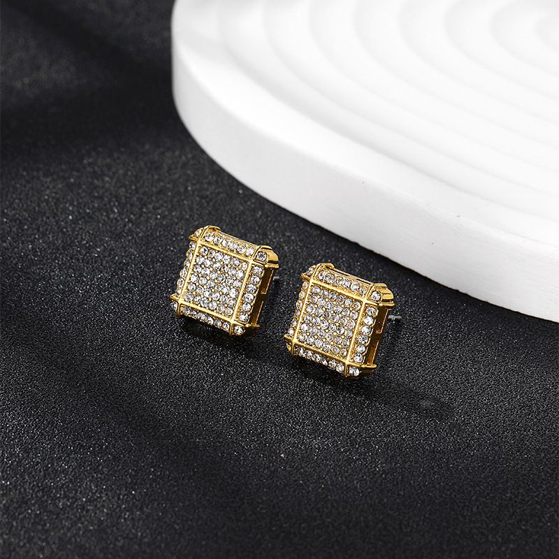 Pendientes y accesorios de estilo minimalista con personalidad de hip hop, cuadrados y llenos de diamantes para hombres_voghion.com