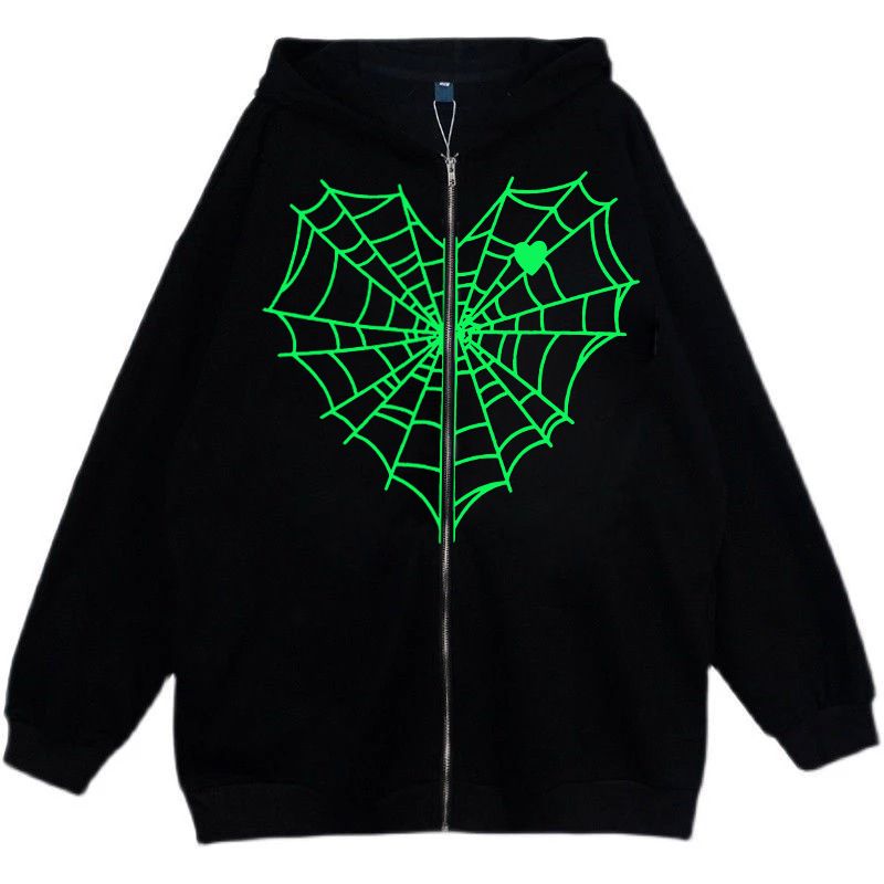Herrenbekleidung dunkler Gothic-Spinnweben-Reißverschlusspullover Fleece-Kapuzenpullover lockerer Millennial-Stil_voghion.com