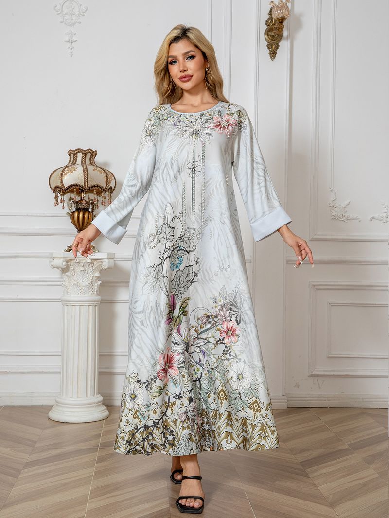 Women's Clothing Muslim Robe Printed Beaded Diamond Long Skirt Dress_voghion.com