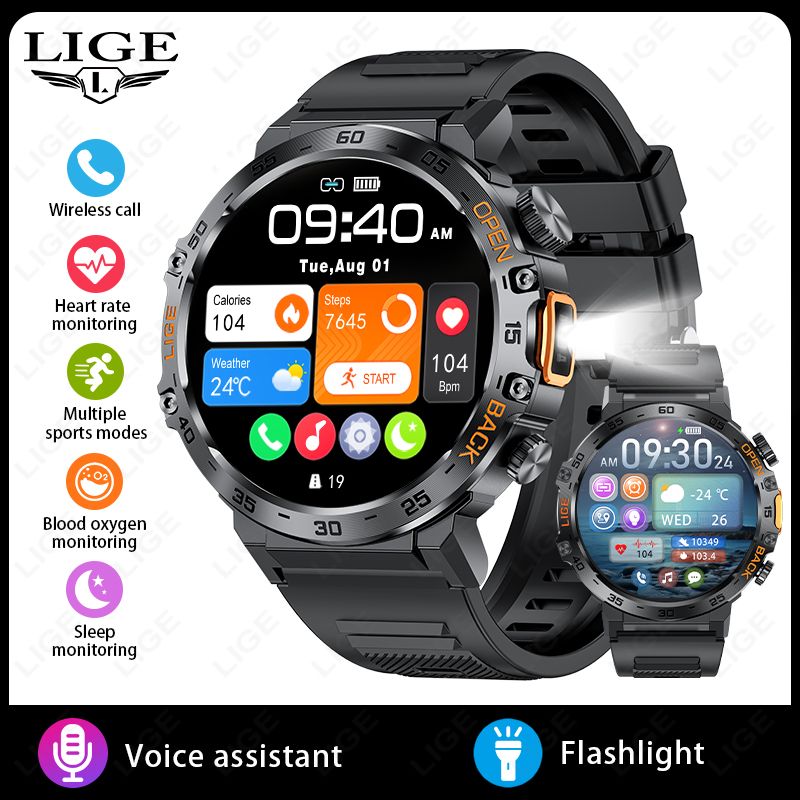 2025 1.53"HD waterdichte LED zaklamp Smart Watch Mannen AI spraakassistent Bluetooth oproep horloges Bloedzuurstofmonitor_voghion.com