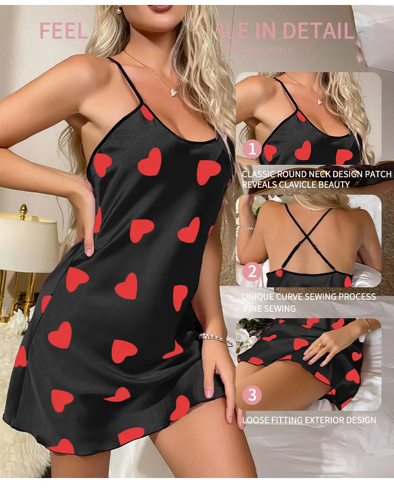 Women's clothing nightgown home wear thin sexy backless suspender skirt women's fashion printed silk love skirt_voghion.com