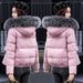 Piumino corto da donna, caldo cappotto invernale in cotone foderato in pile con cappuccio in pelliccia sintetica, capospalla casual per donna (nero, rosa, beige)_voghion.com