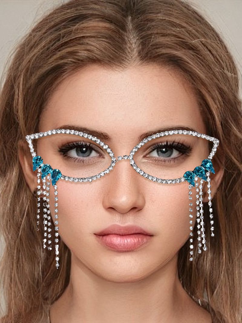 Trendy Full Diamond Tassel Hip Hop Rhinestone Hollow Glasses Eyeglass Frame_voghion.com