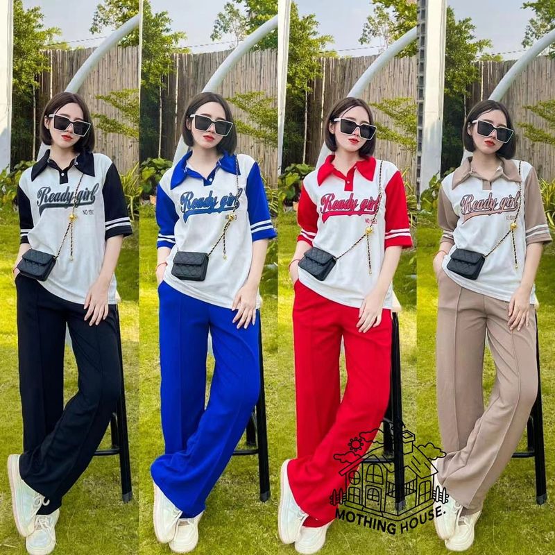 Women's Casual Summer Suit Set - Polo Collar Top & Wide Leg Pants, Contrast Color Two-Piece Outfit​_voghion.com