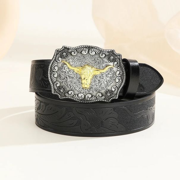 Western Versatile Bull Head Large Buckle Cowboy Carved Ethnic Style Men's Punk PU Leather Belt_voghion.com