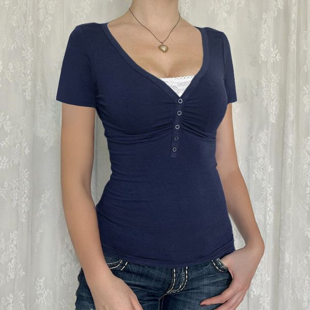 2025 Spring/Summer Y2K Style Casual Button Solid Color V-neck Knitted Short Sleeve Top Women's Wear_voghion.com