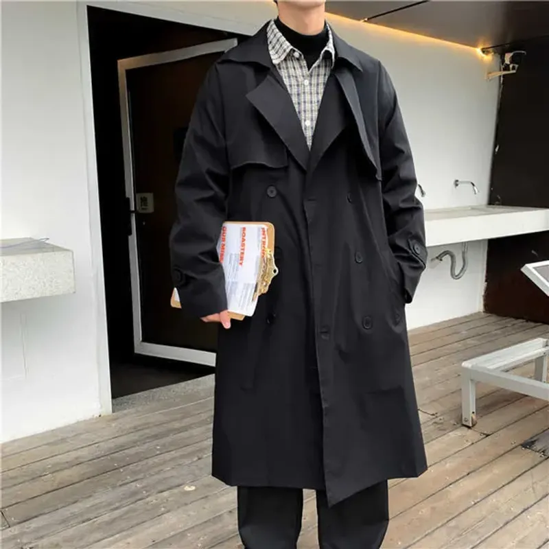 Men's Coats Grey Khaki Black Trench Fashion Casual Double Breasted Long Coat Men Korean Loose Windbreaker Jacket Mens_voghion.com