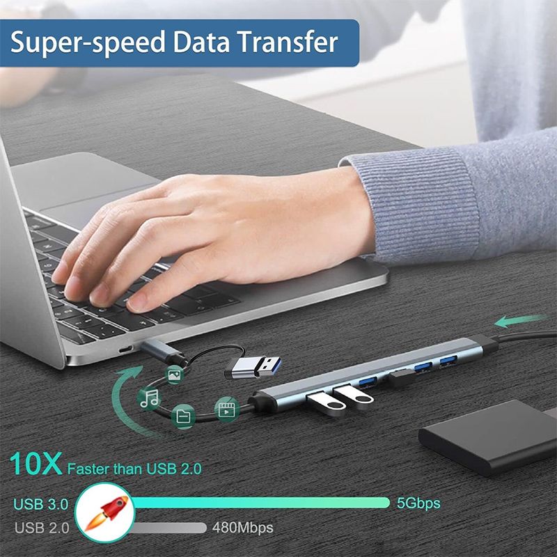 3.0 With 7 Ports Aluminum Alloy USB 2.0 Hub Type C Splitter Extender For Laptop PC Book Surface Pro And MacBook_voghion.com