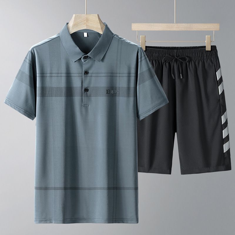 T-shirt da uomo in seta di ghiaccio Tuta sportiva a maniche corte Polo casual a maniche corte da uomo di mezza età Pantaloncini Pantaloni Abito a tre pezzi_voghion.com