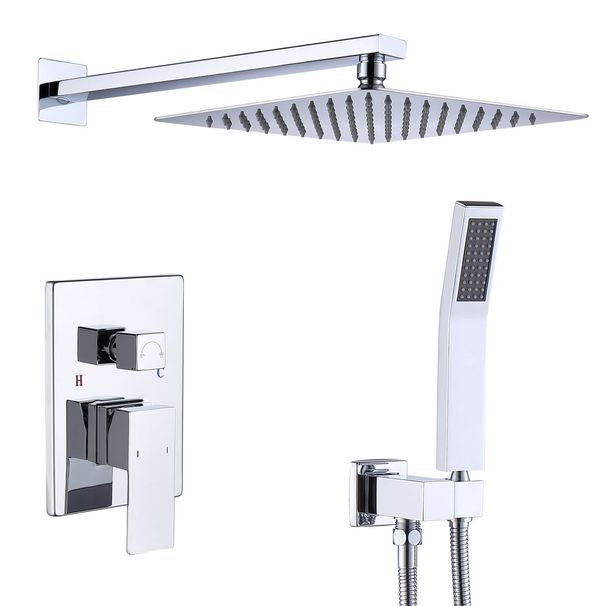 Shower System Shower Faucet Combo Set Wall Mounted With 12" Rainfall Shower Head And Handheld Shower Faucet, Chrome Finish With Brass Valve Rough-In_voghion.com