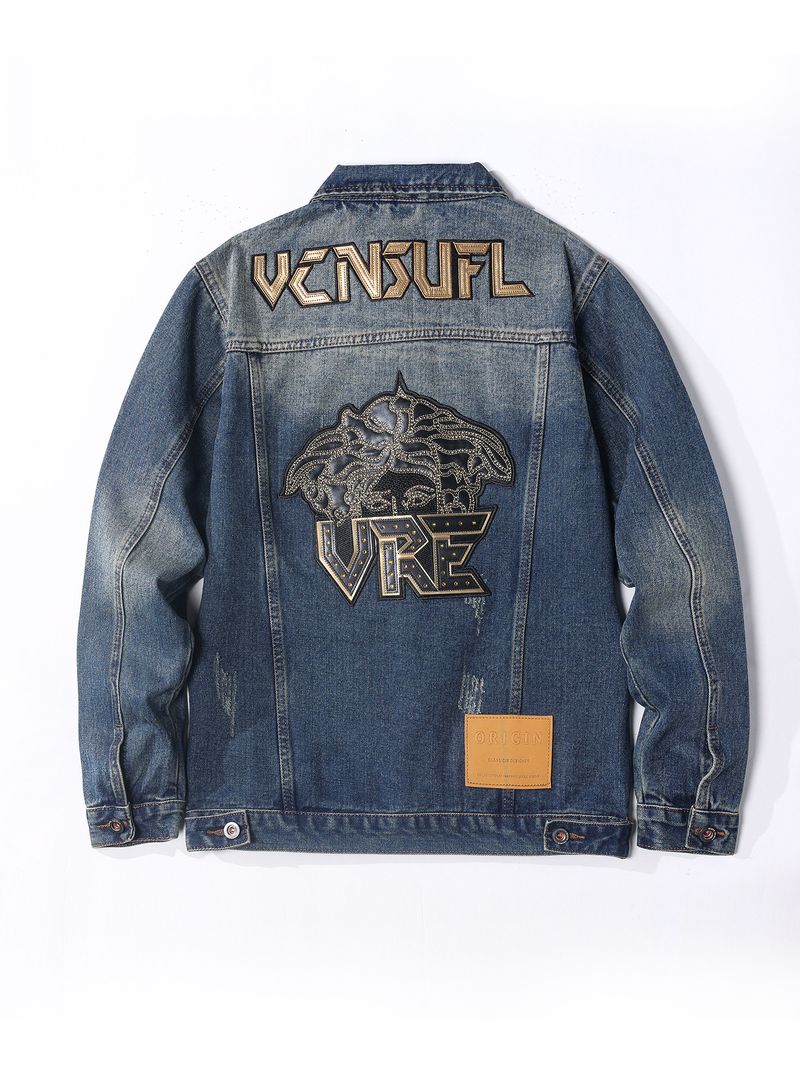 Giacca in denim vecchia industria pesante da uomo con ricamo, primavera, marea larga, indossata nel 2024, giacca a maniche lunghe con lavorazione lavata_voghion.com