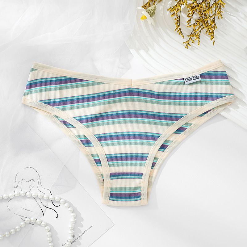 Damenbekleidung, Baumwolle, kontrastfarben, niedrige Taille, komplett aus Baumwolle, hochwertige Unterwäsche mit Regenbogenstreifen-Motiv_voghion.com