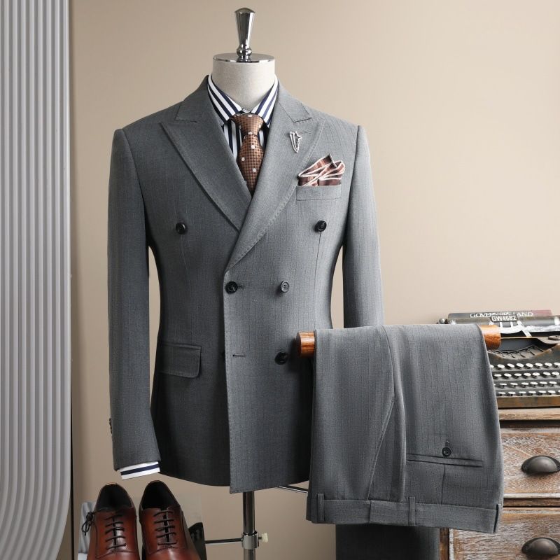 Pulse Pulse Texture Three-Piece Double-Breasted Notched Lapel Wrinkle-Resistant Striped Formal Wear Groom High-End Suit Men's Set_voghion.com