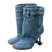 New Style Denim Washed Large Size Side Zipper Bare Slip-On Square Toe Unisex Fashion Boots_voghion.com
