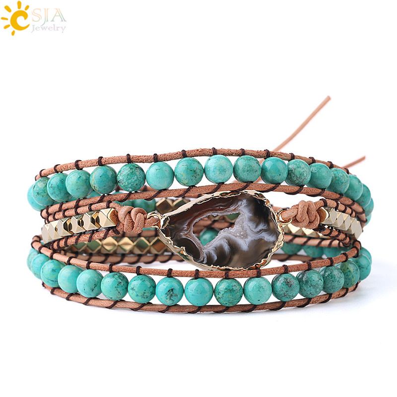 Bracelet Leather Rope Braided Natural Turquoise Beads Bracelet Irregular Stripes Crystal Cave Agate Piece Women's Long_voghion.com