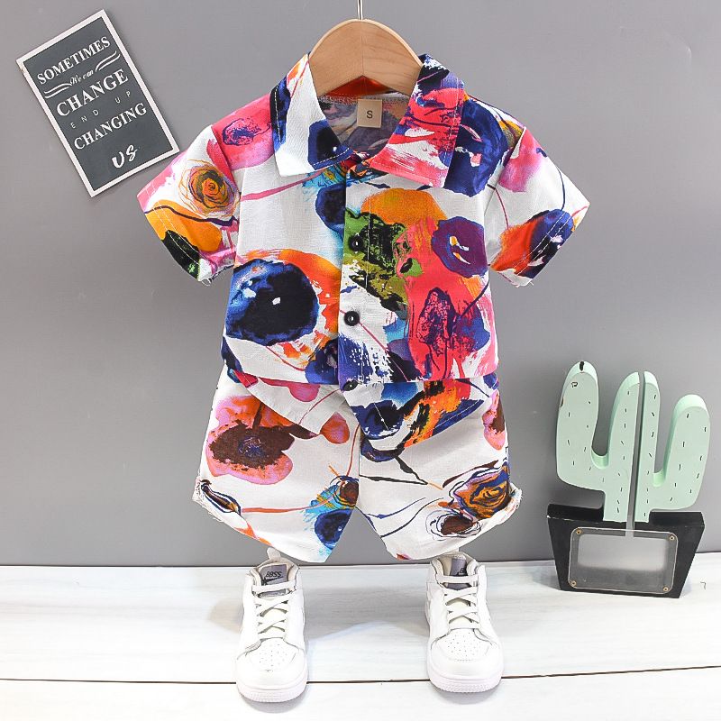 Vêtements pour enfants Été enfants mode chemise à fleurs costume deux pièces nouveau style garçon tie dye costume d'été à la mode bébé enfant_voghion.com