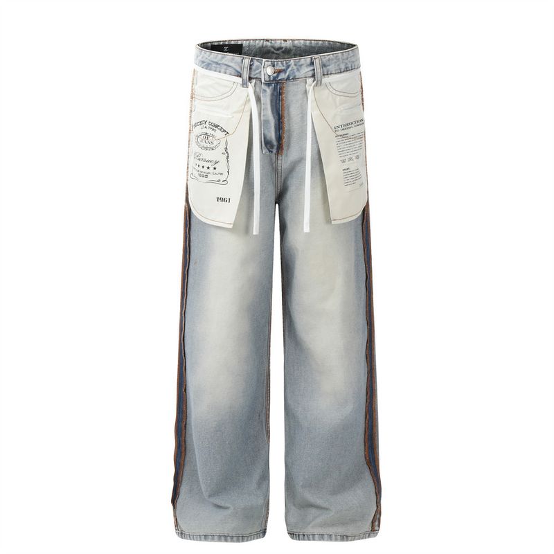 Men's Clothing High Street Reverse Design Jeans Men's Loose Trendy Brand Ins Hip Hop Straight Pants Stitching Washed Wide Leg Trousers_voghion.com