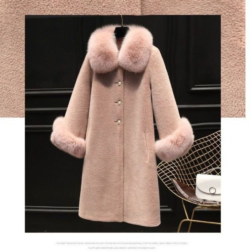 Cappotto in pelliccia sintetica da donna – Giacca invernale di media lunghezza con collo in pelliccia di volpe in bianco, rosa nebbia e beige_voghion.com