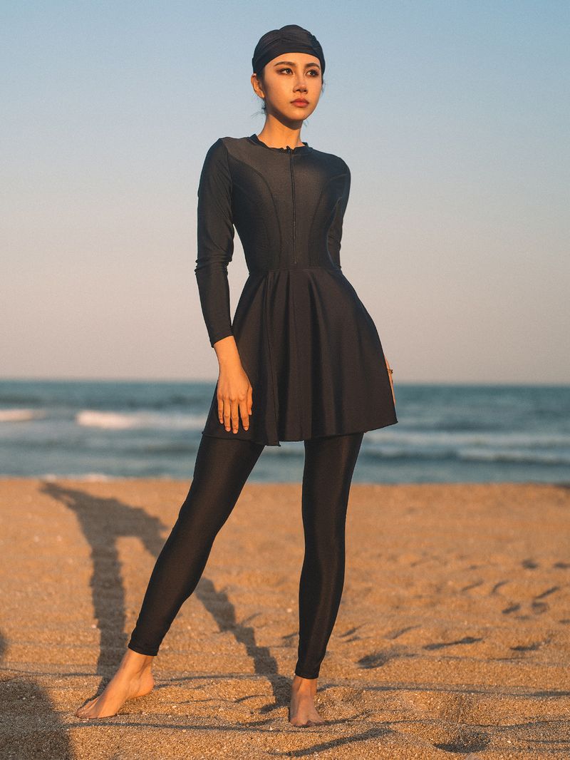 Women's Clothing Muslim Swimsuit Flared Hem Long Sleeves And Trousers Four Piece Conservative Burkini With Chest Pads And Hood_voghion.com