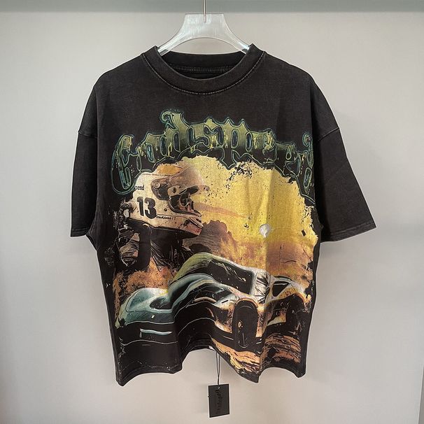 Meichao GODSPEED Yıkanmış Vintage Kafatası Rock Grubu Grafik Baskılı Büyük Boy Bol Kısa Kollu Tişört_voghion.com