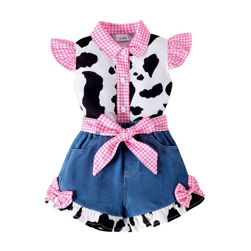 Summer children's polo collar plaid fly sleeve cow print top denim patchwork shorts girl set_voghion.com