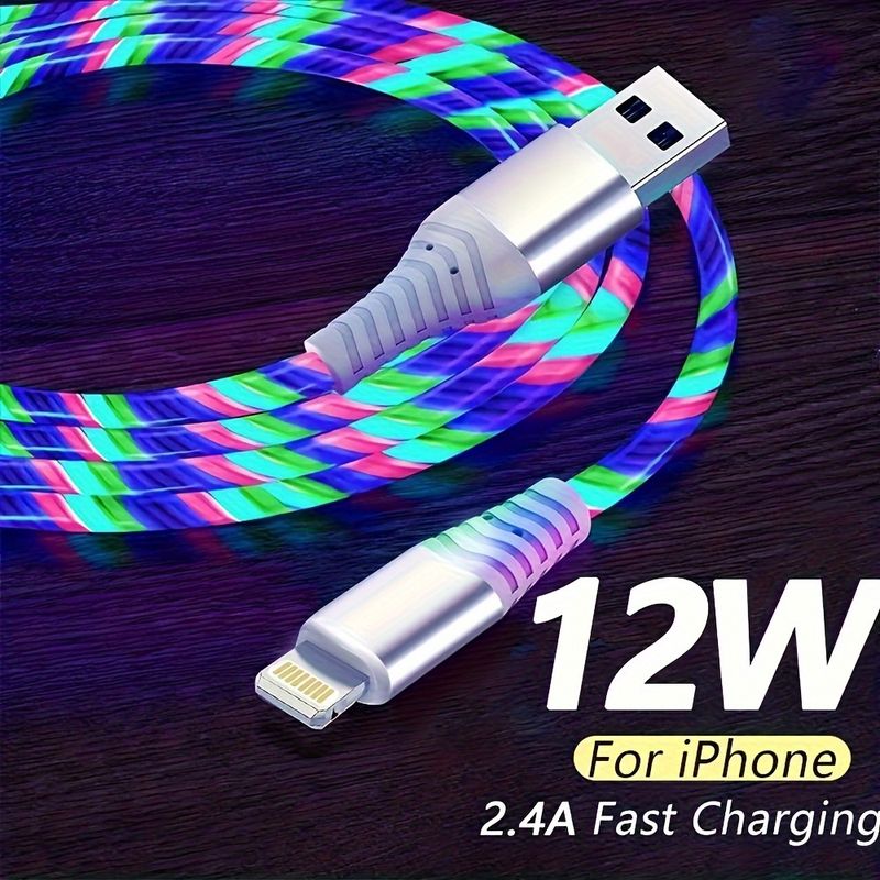 Light Up USB For IPhone Fast Charging Cable, LED Charging Cord USB A Flowing Cord, USB To IOS For IPhone 14/13/12/11/X/8/iPad_voghion.com
