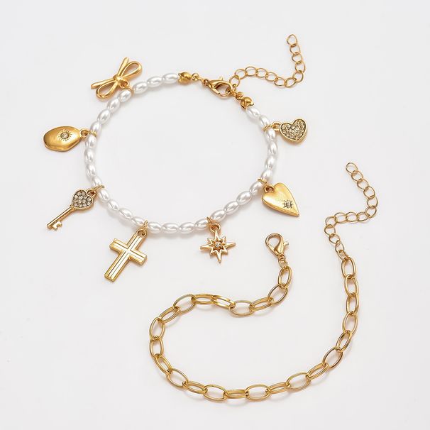 Collana a catena con ciondolo, design impilabile, perla, moda, croce, cuore, fiocco, chiave, stella, braccialetto_voghion.com