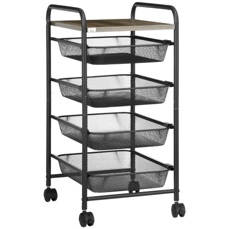 HOMCOM Küchenwagen Rollwagen Mit 4 Körben Aufbewahrungsregal Auf Rollen Servierwagen Für Küche Schlafzimmer Stahl Schwarz 41,5x31x66cm_voghion.com