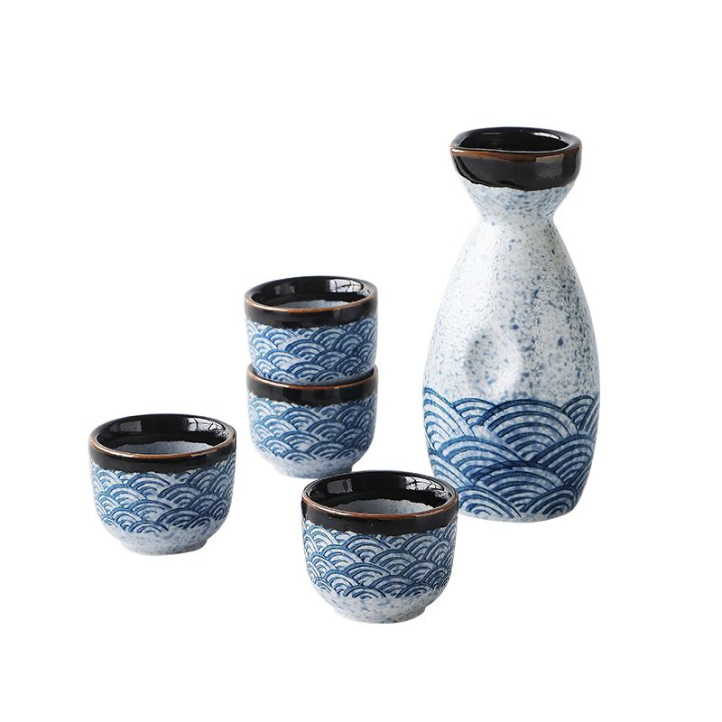 Blue Sea Ripple Japanese Style Hip Flask Sake Wine Warm Chinese Wine Set Home Hand  FrostedClaze Ceramic Sake Wine Set_voghion.com