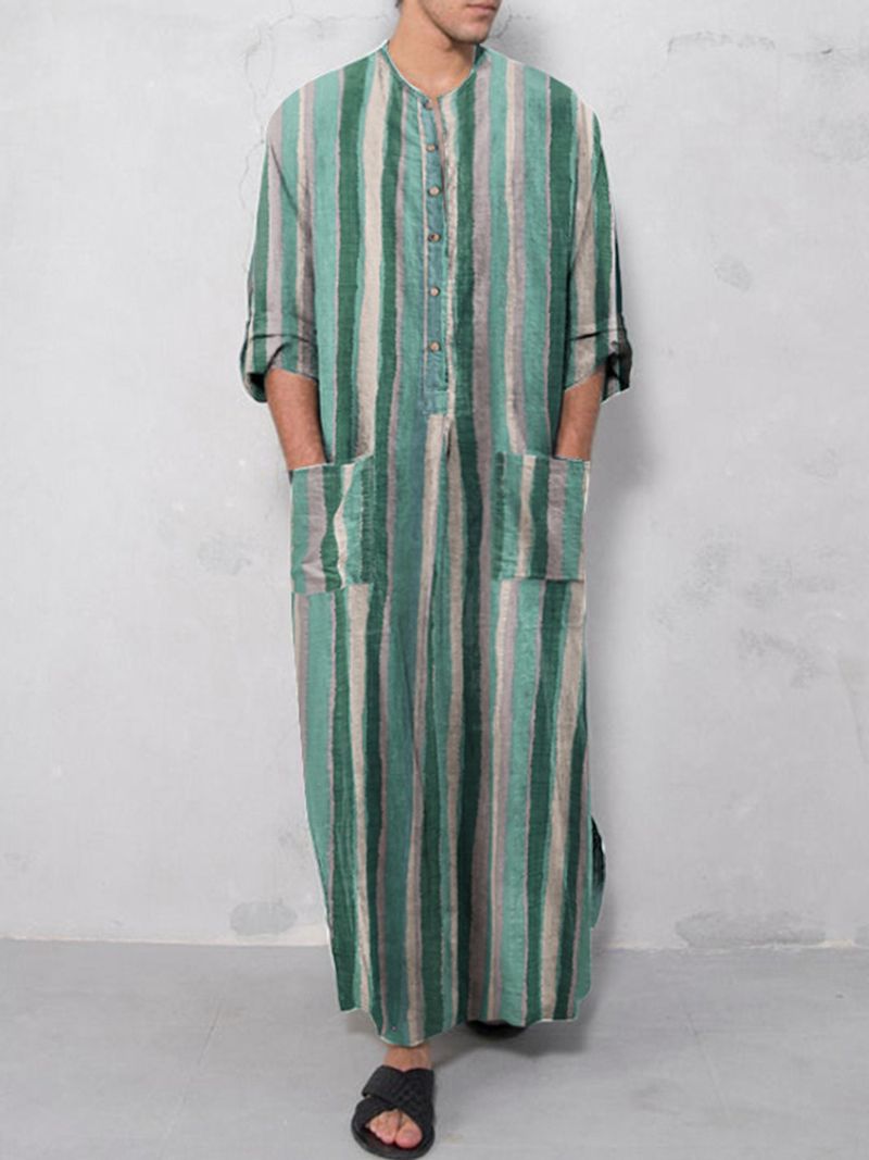 Muslim Robe New Style Men's Loose Door Stripe Long Sleeve Ready-Stock Ethnic Style Bodysuit_voghion.com