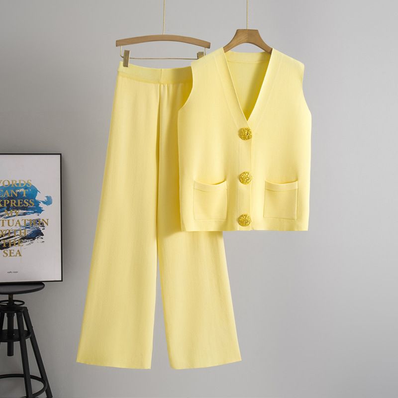 Fashion Suits For Women Summer New European And American Sleeveless Large Button Sweater Top Straight Wide Leg Pants Two Piece Suit_voghion.com