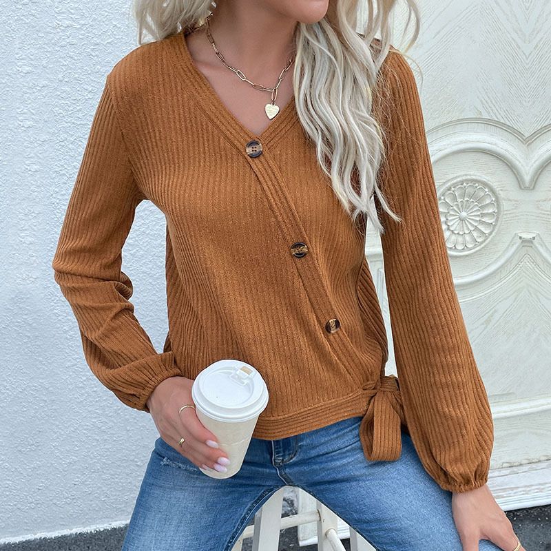 Pullover maglione a righe decorative con bottoni in tinta unita_voghion.com