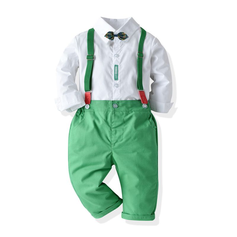 Abbigliamento primaverile e autunnale 2024 Natale per bambini e ragazzi Camicia bianca, cravatta, pantaloni con cinturino, set due pezzi_voghion.com