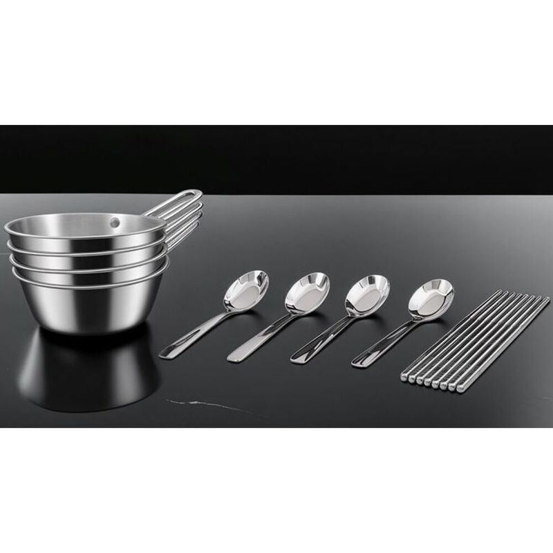 304 Stainless Steel Tableware Set Outdoor Camping Portable Plate Household Picnic Chopsticks Spoon Soup Bowl Combination_voghion.com