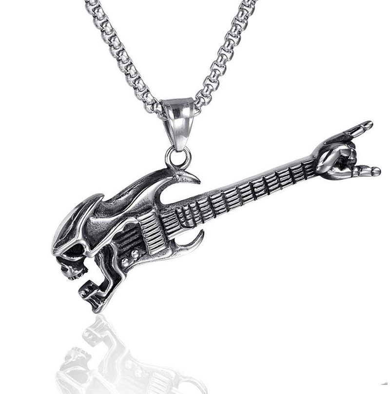 Collana con ciondolo a forma di teschio e chitarra basso, da uomo, in acciaio al titanio, con personalità musicale retrò, regalo unico._voghion.com