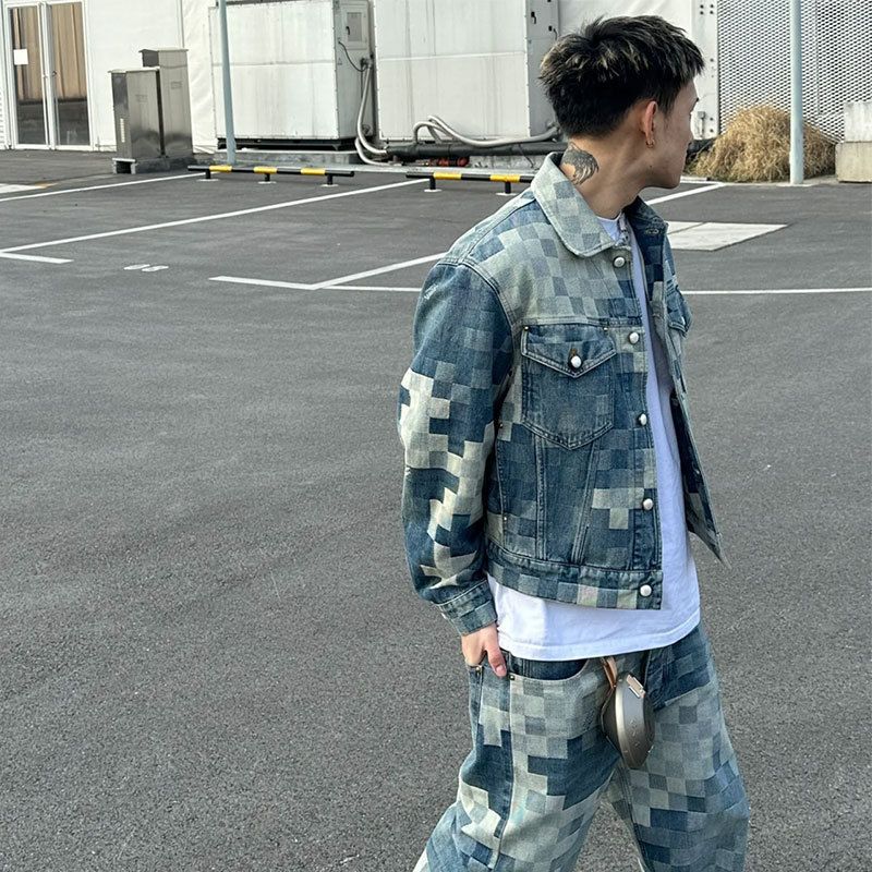 Men's Clothing High version trendy brand American loose jacket couple heavy mosaic checkerboard denim jacket_voghion.com