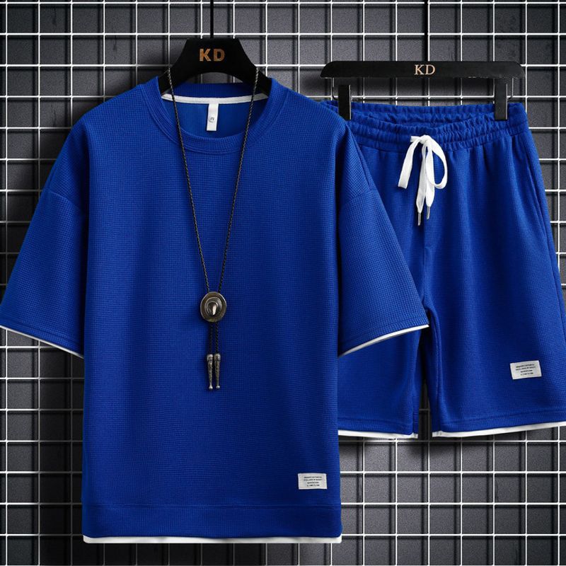 Herenkleding Wafel Sport Casual Pakken Voor Heren Hong Kong Stijl Losse Tweedelige Korte Mouwen Shorts_voghion.com