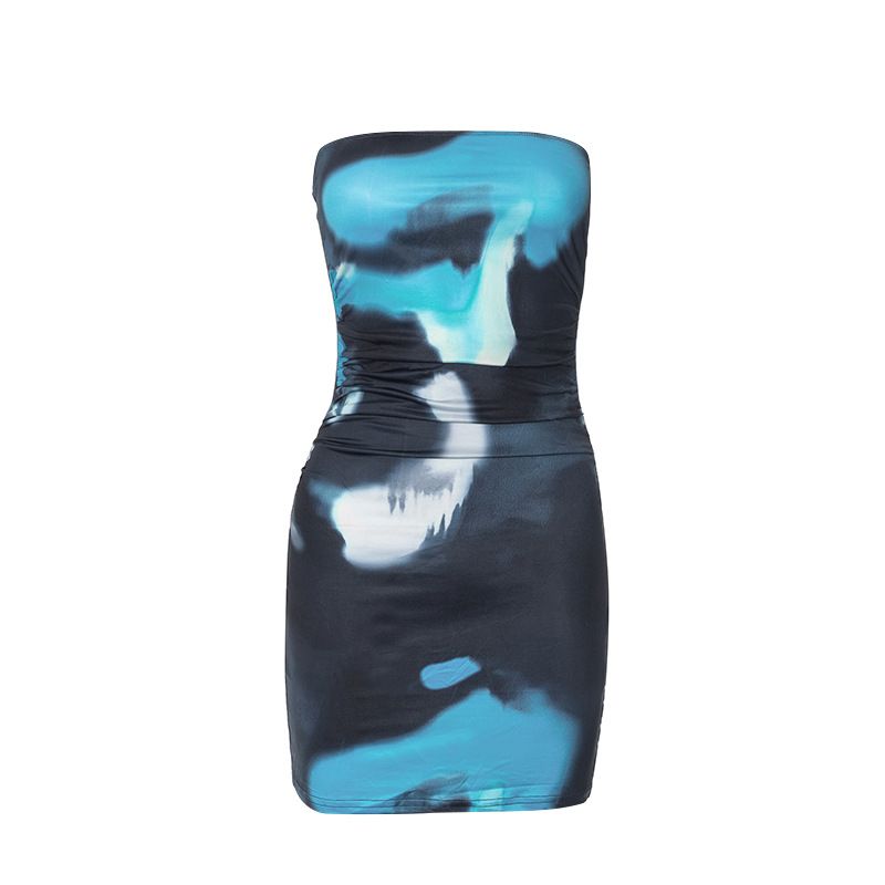 Women's Clothing women's spring new style trend tube top printed pleated pullover hip wrap short dress_voghion.com