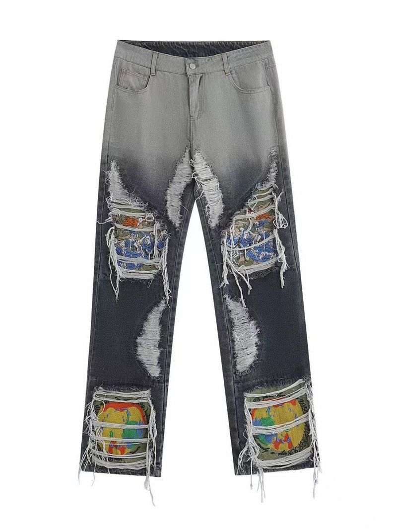 Vêtements pour hommes High Street Heavy Industry Lavé Moustaches Patch endommagé Jeans Pantalon slim vieilli_voghion.com