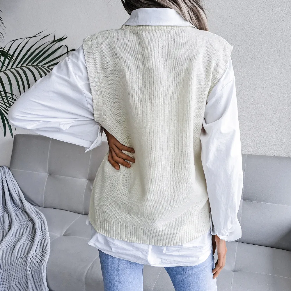Women's clothing Ins style real shot autumn and winter round neck hollow leaf casual knitted vest sweater independent station women's clothing_voghion.com