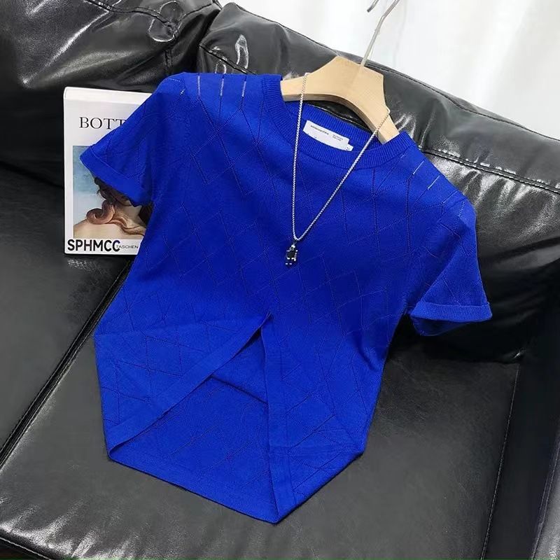 Men's Clothing  Summer ice silk short sleeved men's thin curved bead T shirt high quality European goods slim elastic hollow fashion sweater_voghion.com